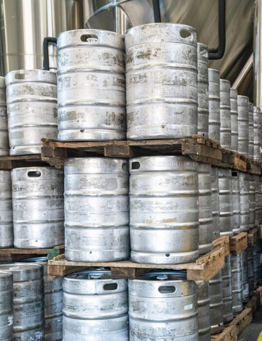 Kegs stacked in a brewery