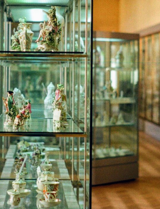 Glass cases holding artefacts in a museum