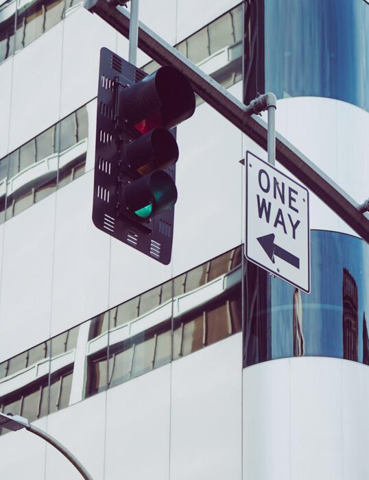 Traffic light and one way sign