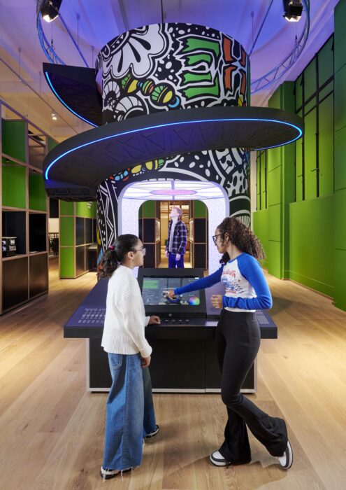 Visitors try out the lighting technician interactive in Shuri's Lab at Technicians The David Sainsbury Gallery © Science Museum Group